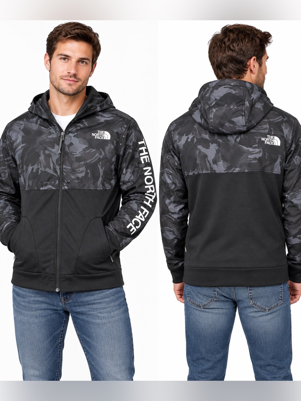 The North Face Men’s Medium Camo Full Zip Hooded Jacket Black Gray Logo Sleeve